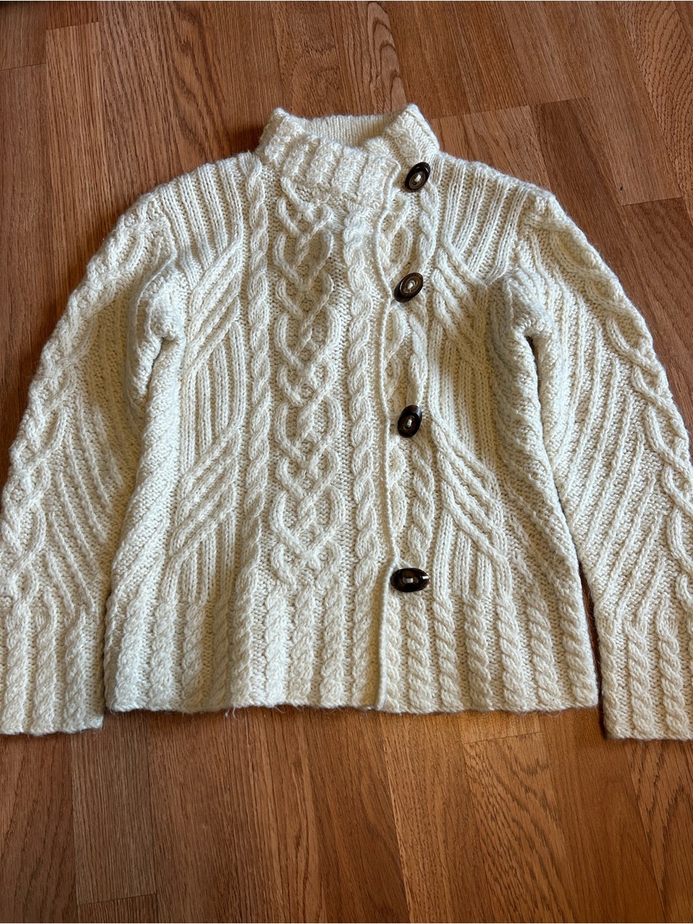 Icelandic Cream Cable Knit Asymmetrical Button Cardigan Sweater.Size small